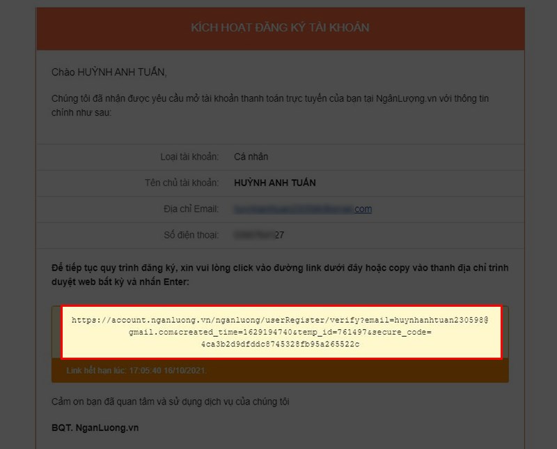 Chọn v&agrave;o link được đ&iacute;nh k&egrave;m trong Email