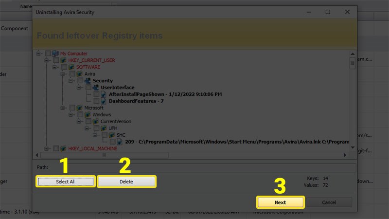Chọn Select All > Delete > Next