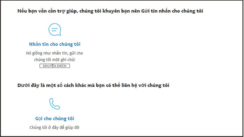 Lựa chọn gọi điện hoặc nhắn tin nhờ hệ thống hỗ trợ