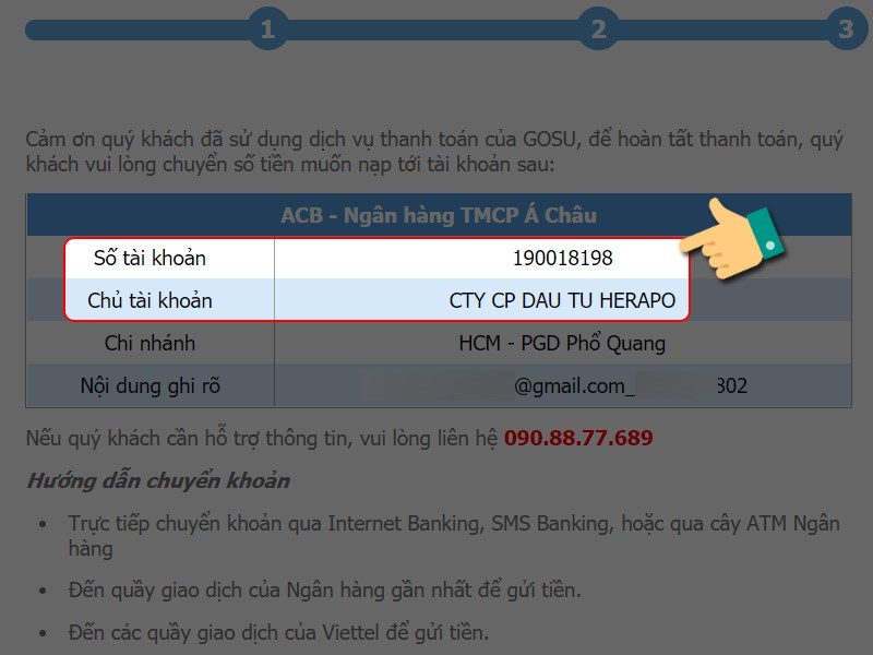 Chuyển phí theo tài khoản ngân hàng