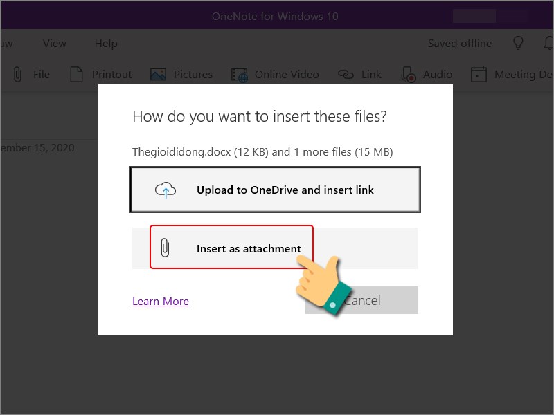 Chọn Insert as attachment