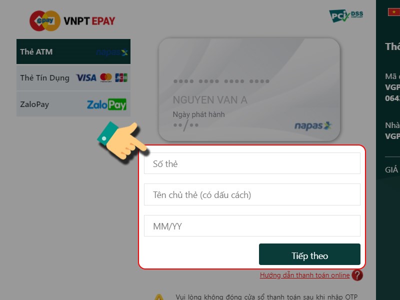 Nhập thông tin thẻ để thanh toán