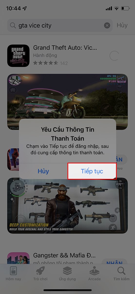 Nhấn Tiếp tục khi có yêu cầu thông tin thanh toán.