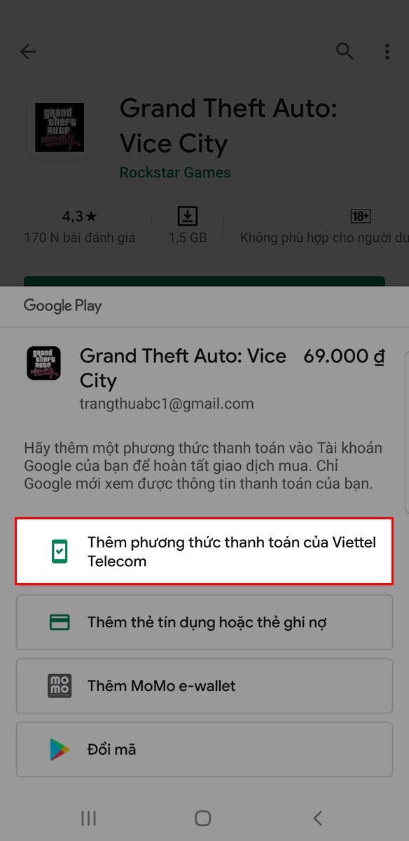 Chọn hình thức thanh toán và nhập thông tin thanh toán để tải game về thiết bị 