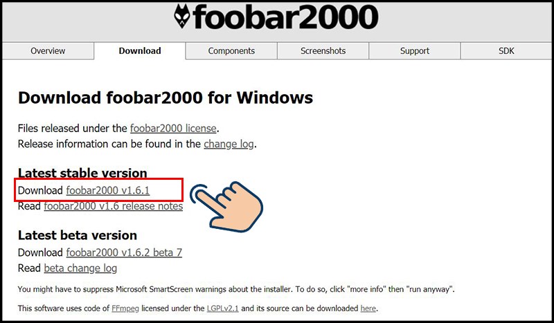 Chọn v&agrave;o Dowload Foobar2000 để tải 