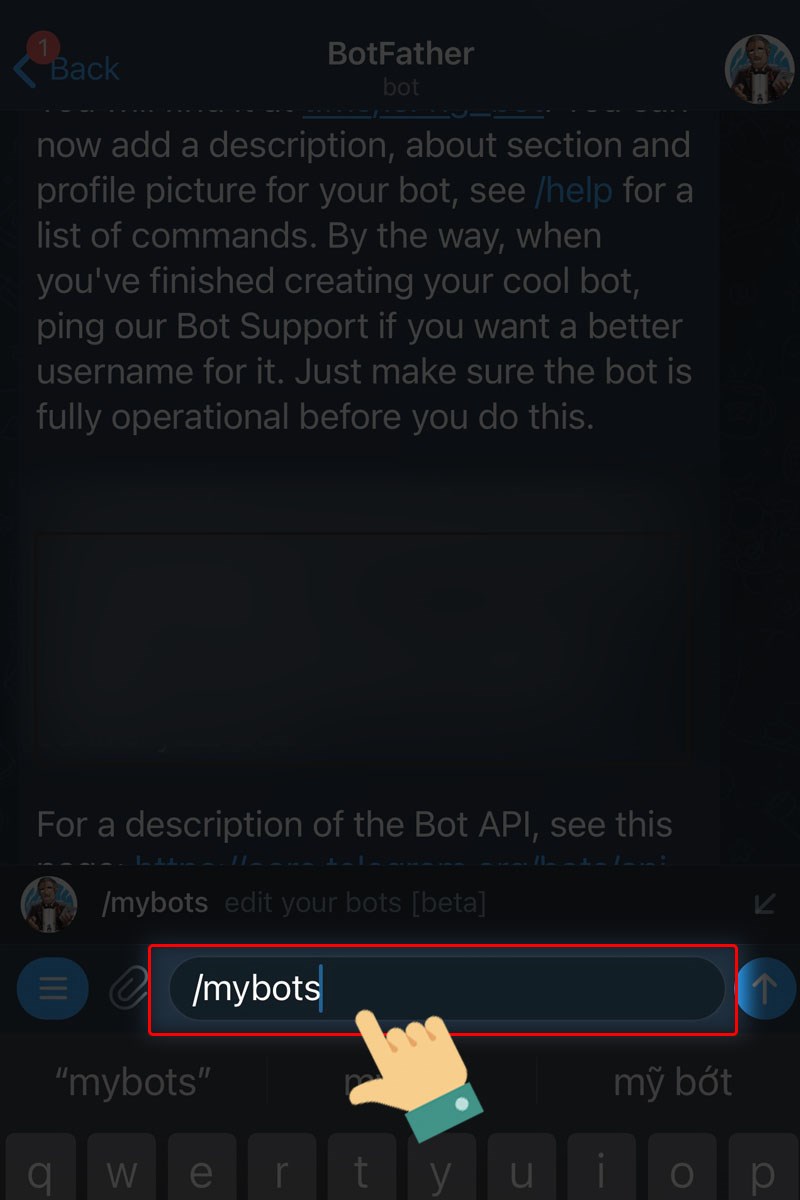 Mở khung chat Botfather, sau đó gõ lệnh 