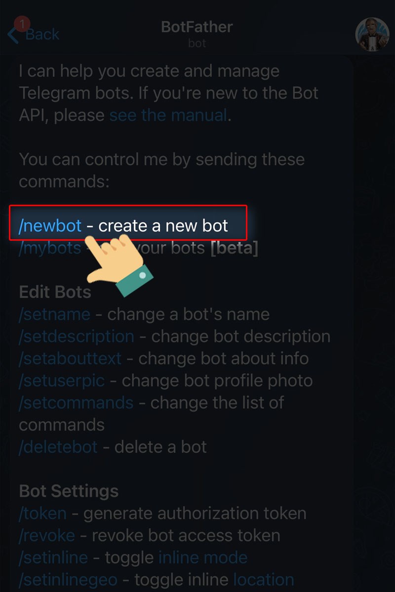 Nhấn vào mục /newbot – create a new bot