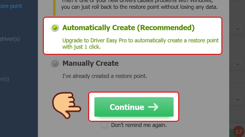 Chọn Automatically Create và chọn Continue để tiến hành tải driver cần cập nhật
