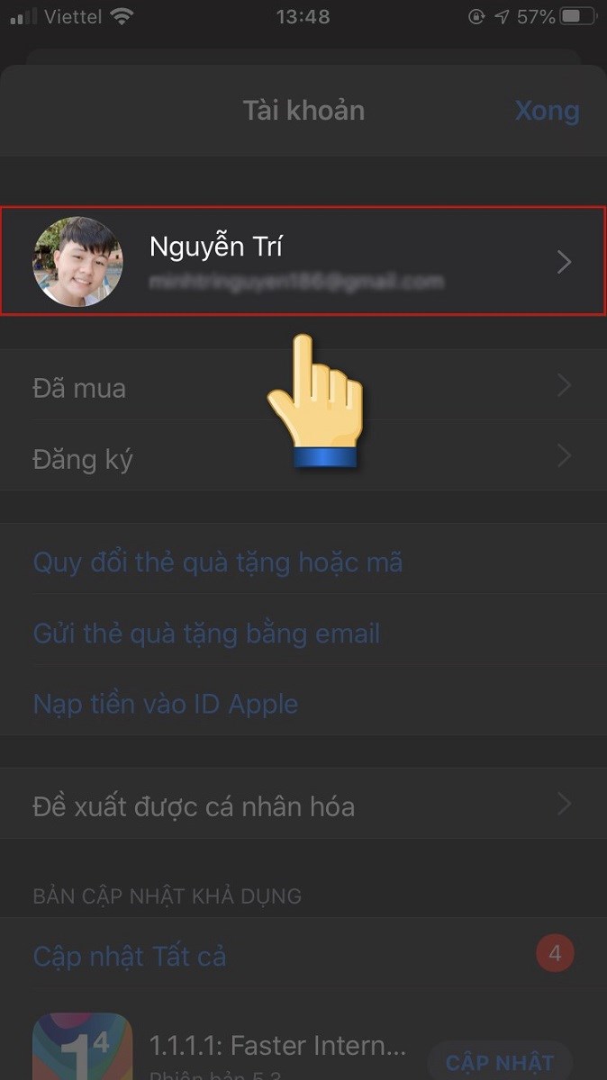 Chọn tiếp vào tên tài khoản
