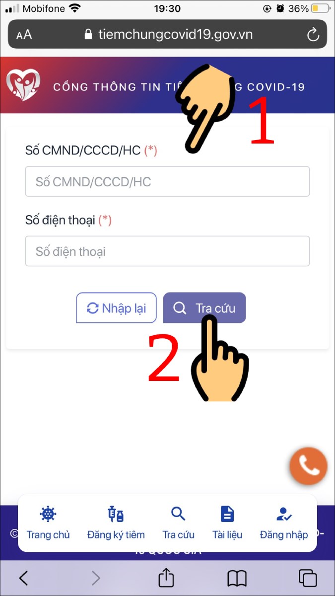 Nhập Số CMND/CCCD/HC, Số điện thoại và nhấn nút Tra cứu