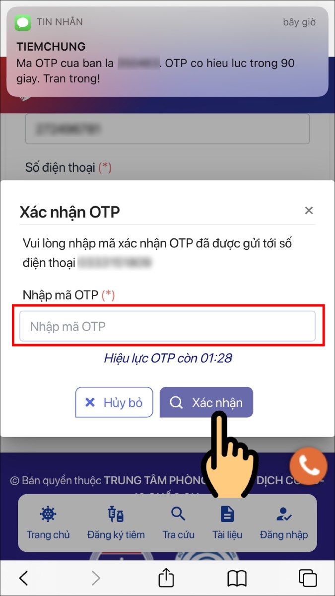 Nhập mã OTP  và nhấn nút Xác nhận