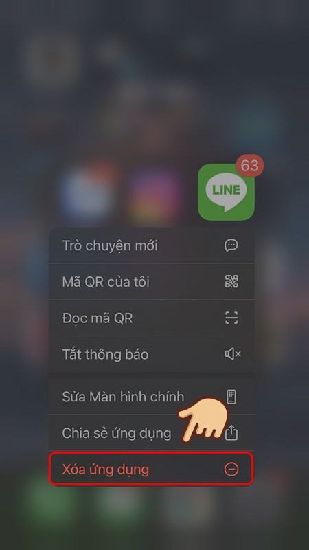 Nhấn giữ biểu tượng của LINE và chọn Xóa ứng dụng