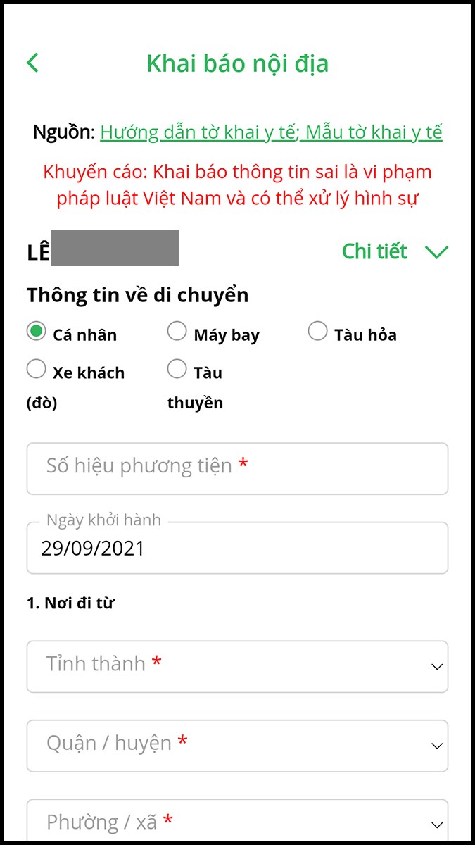 Khai b&aacute;o di chuyển nội địa