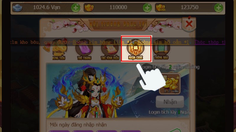 Tìm và chọn mục Nhận Code