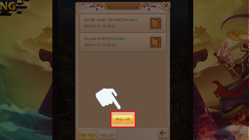 Nhấn mục Nhận tất để xác nhận nhận hết những phần thưởng từ code