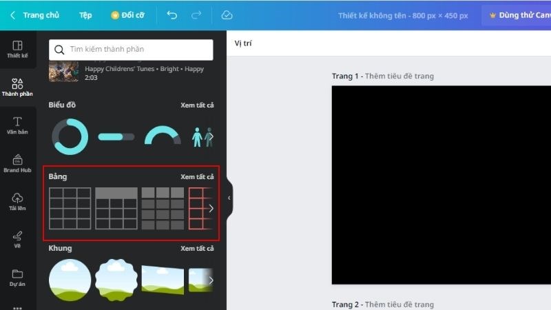 Lăn chuột xuống mục Bảng