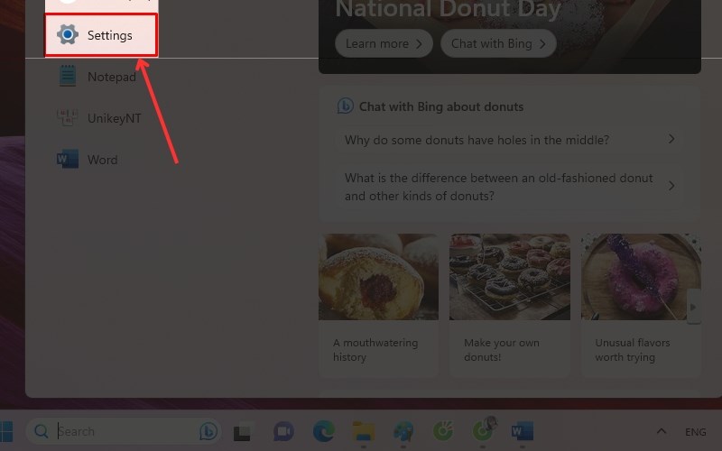 V&agrave;o Search để t&igrave;m kiếm Settings