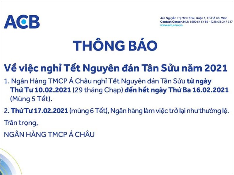 Lịch nghỉ tết Nguyên Đán 2021 của ACB