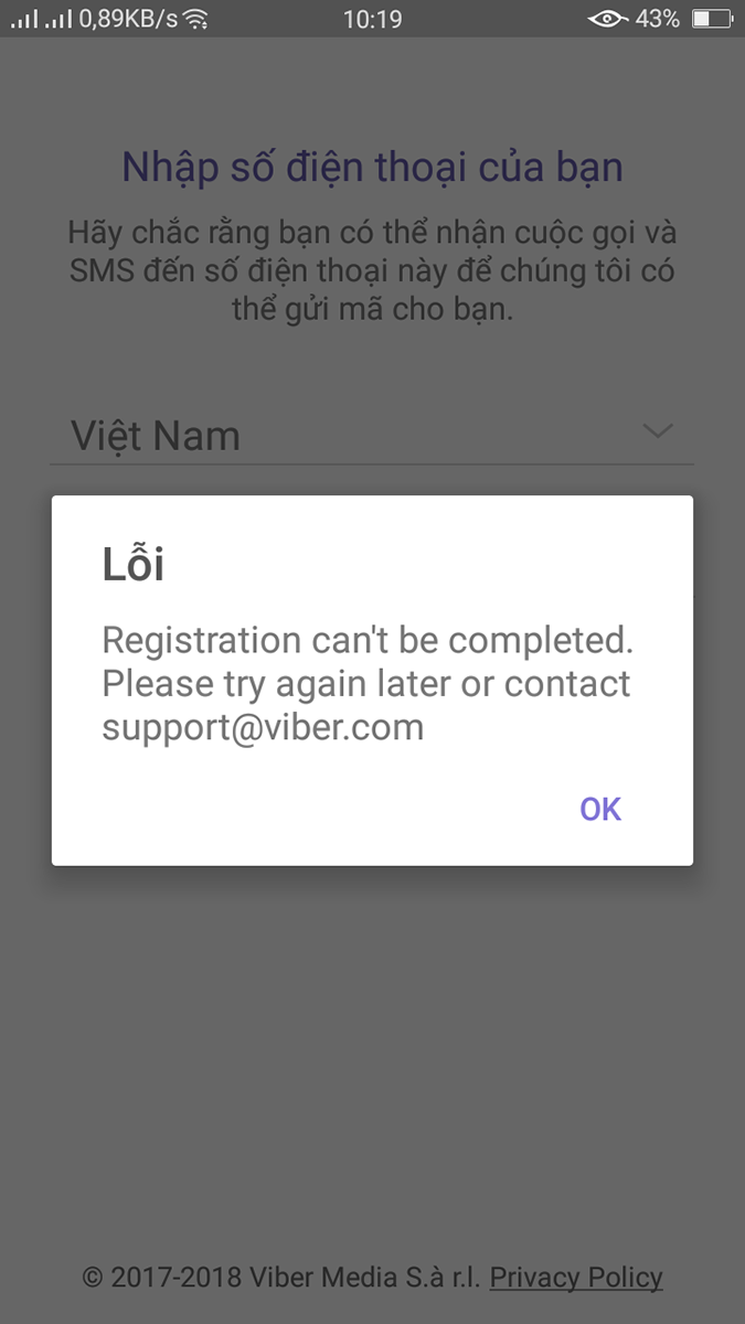 Viber báo lỗi không đăng nhập được do số điện thoại không hợp lệ