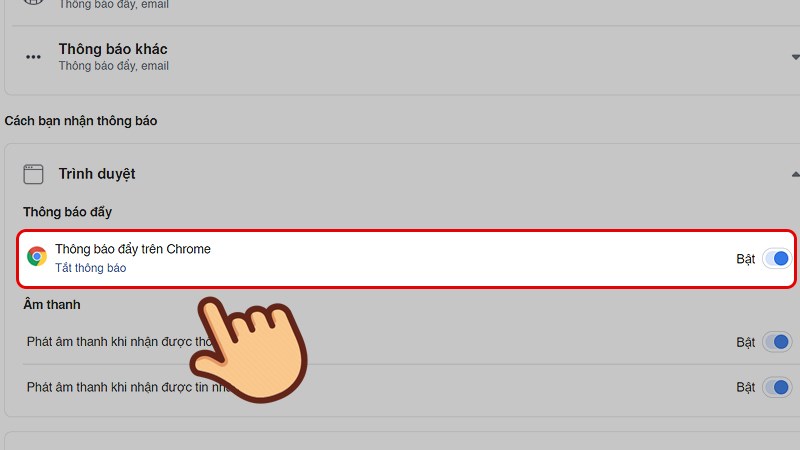 Chọn Bật ở mục Th&ocirc;ng b&aacute;o đẩy tr&ecirc;n Chrome
