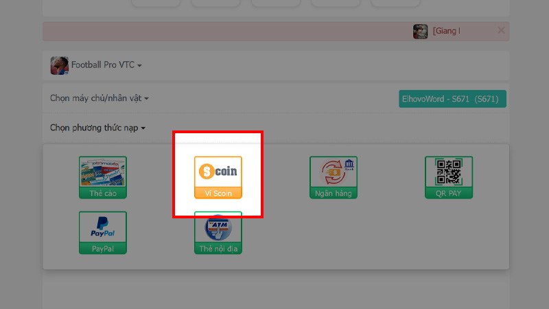 Nạp Fooball Pro VTC từ v&iacute; Scoin bước 2