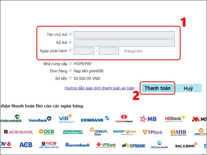 Nhập th&ocirc;ng tin thẻ ATM