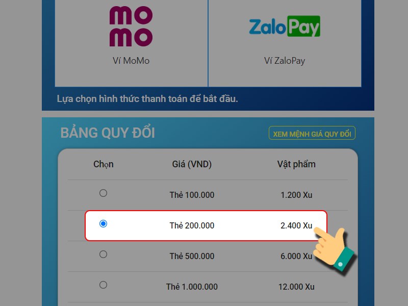 Chọn g&oacute;i nạp