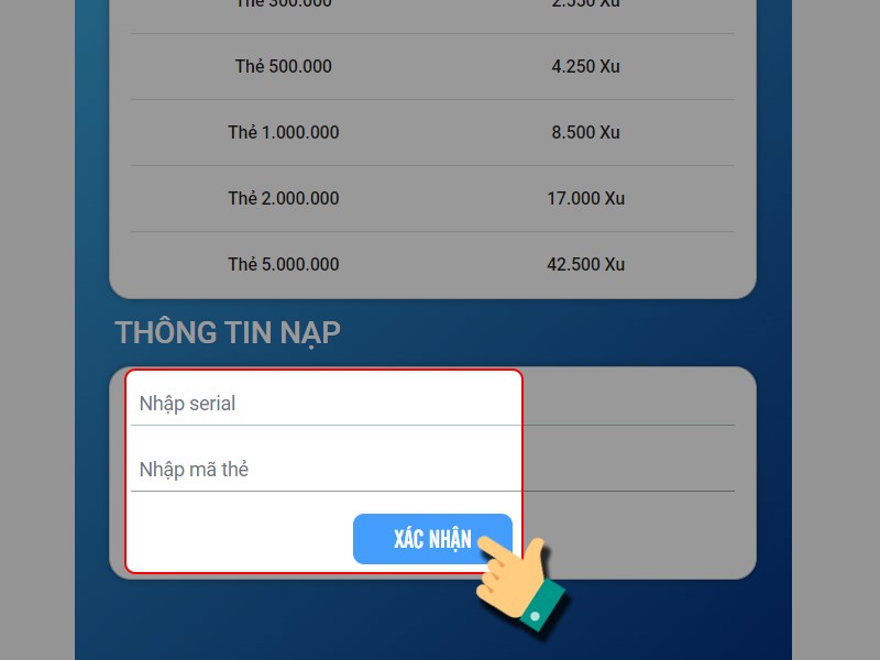 Nhập th&ocirc;ng tin thẻ nạp