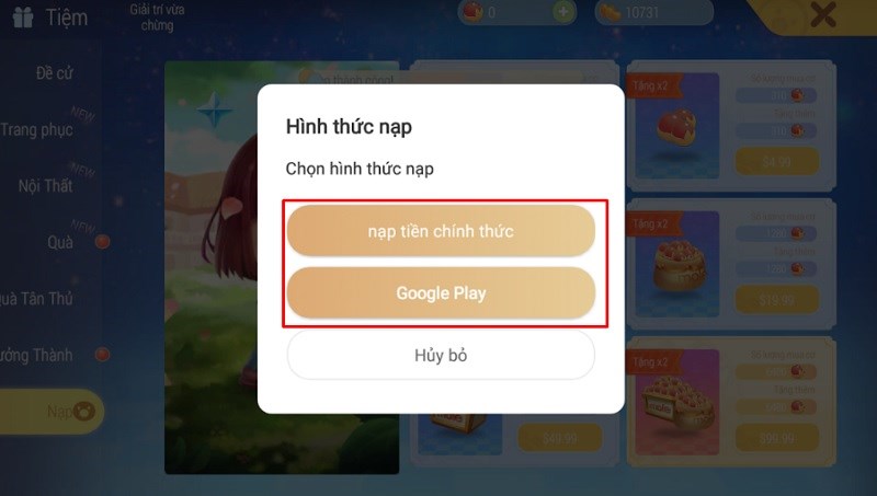 Chọn hình thức nạp