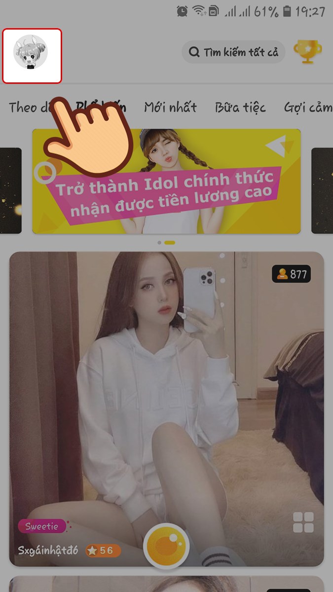 Mở Bunny live và chọn vào avatar của bạn bên góc trái màn hình Mở Bunny live và chọn vào avatar của bạn bên góc trái màn hình