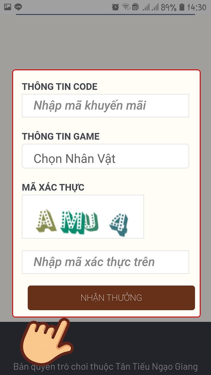 Nhập code, thông tin nhân vật, mã xác thực và chọn NHẬN THƯỞNG