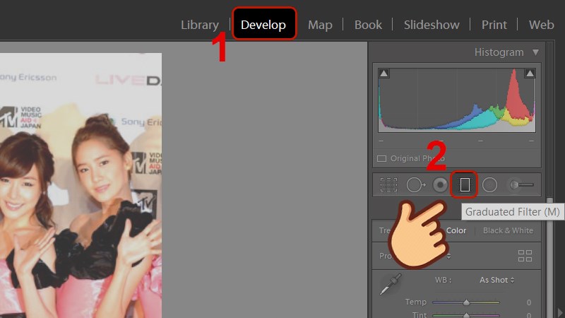 Chọn tab Develop và chọn công cụ Graduated Filter Chọn tab Develop và chọn công cụ Graduated Filter