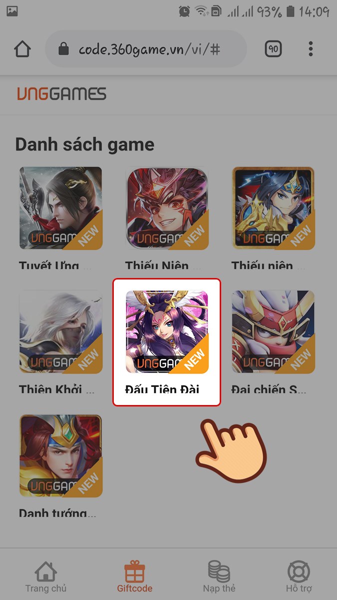 V&agrave;o trang web nhập code của VNG v&agrave; chọn game Đấu Ti&ecirc;n Đ&agrave;i