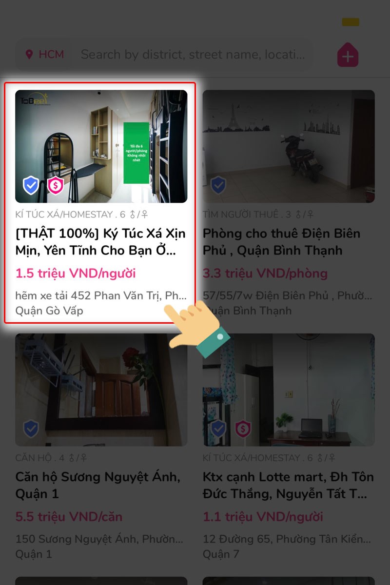 Nhấn vào phòng trọ bạn muốn