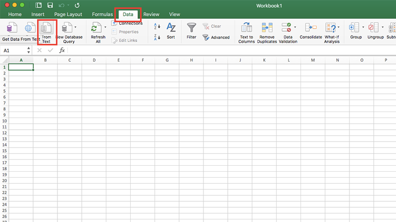 Khởi động Microsoft Excel, chọn mục Data và chọn From Text