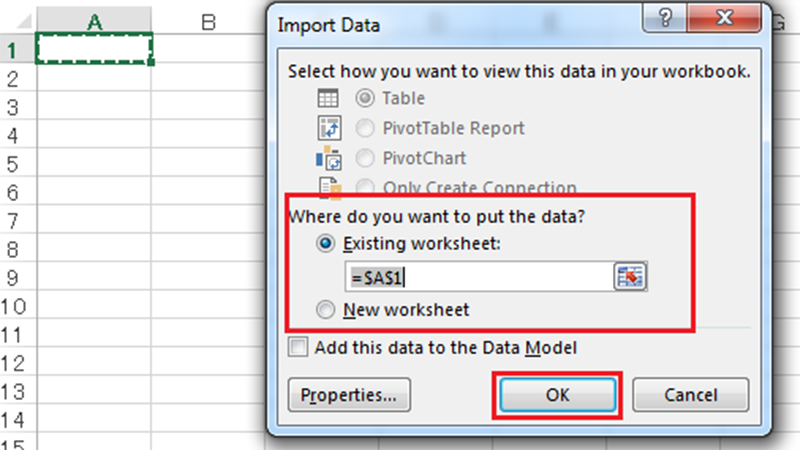 Chọn Existing Worksheet và bấm OK để chèn dữ liệu