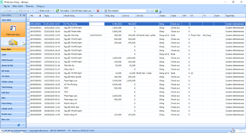 Giao diện phần mềm eBizSpa