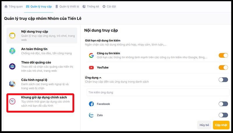 Chọn Quản lý truy cập theo khung giờ Chọn Quản lý truy cập theo khung giờ