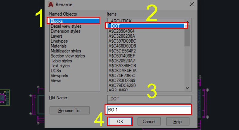 Cách dùng lệnh Rename đổi tên block trong CAD