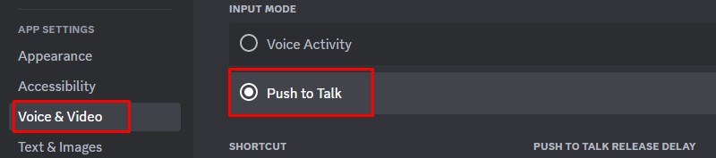 Chọn tab voice và video và chọn Push to talk