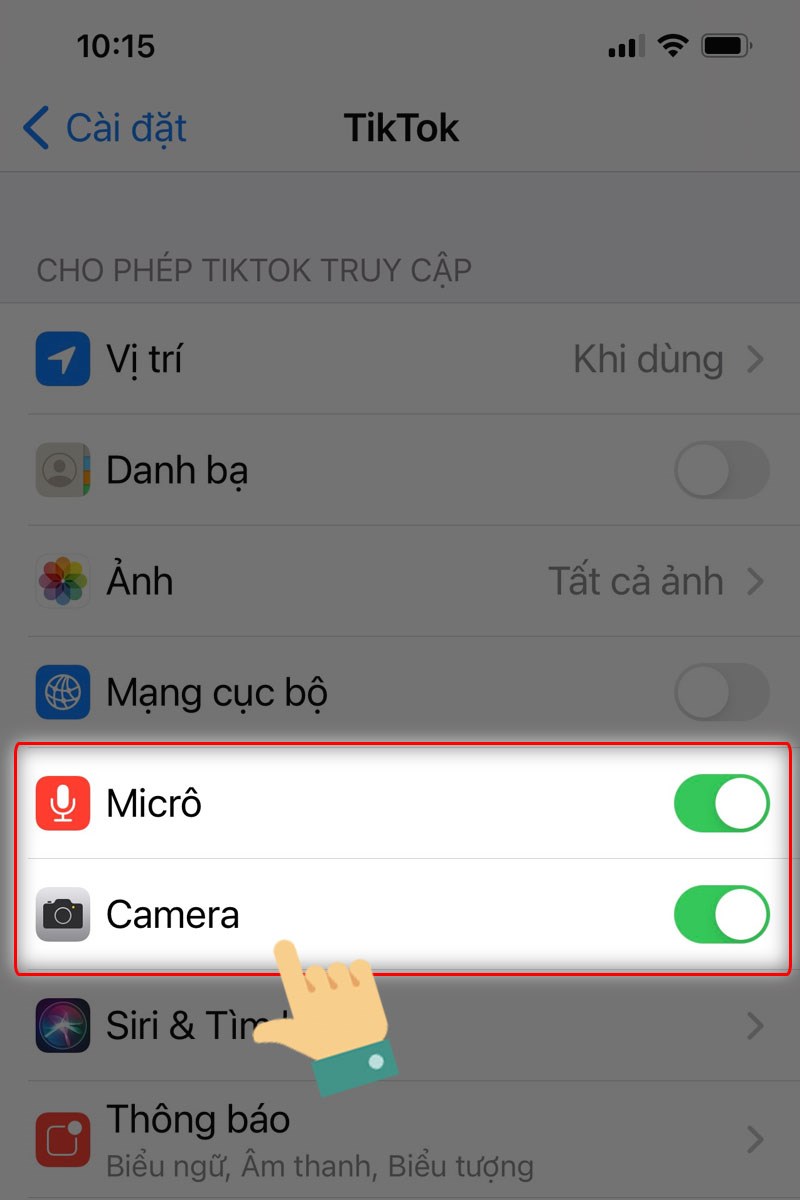 Bạn cấp quyền cho phép TikTok truy cập vào Micro, Camera, thông báo khác