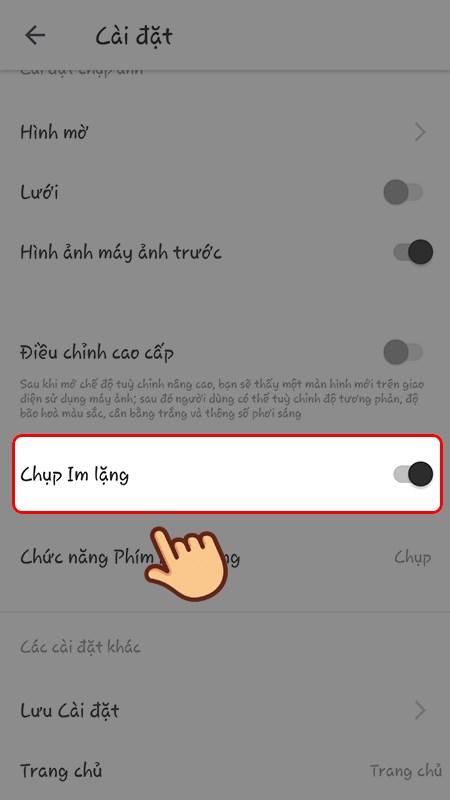 Chọn bật chế độ Chụp im lặng