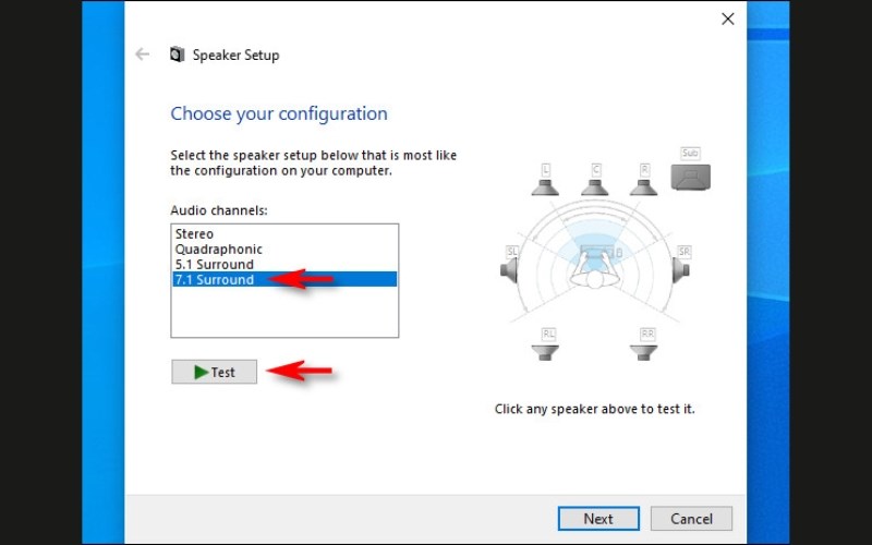 Chọn “7.1 Surround” và nhấn nút 
