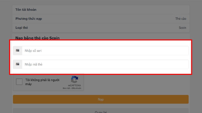Nạp v&iacute; Scoin bằng thẻ c&agrave;o bước 3