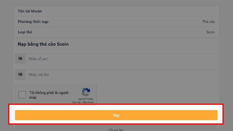 Nạp v&iacute; Scoin bằng thẻ c&agrave;o bước 4