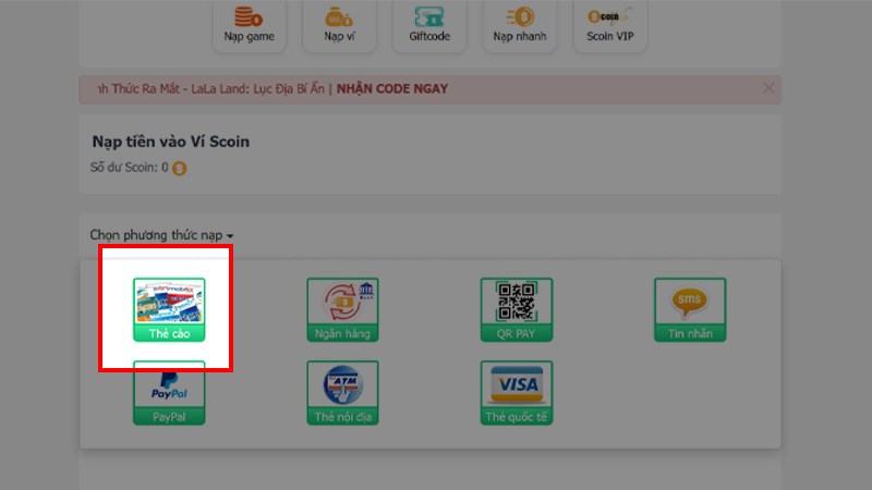 Nạp v&iacute; Scoin bằng thẻ c&agrave;o bước 2