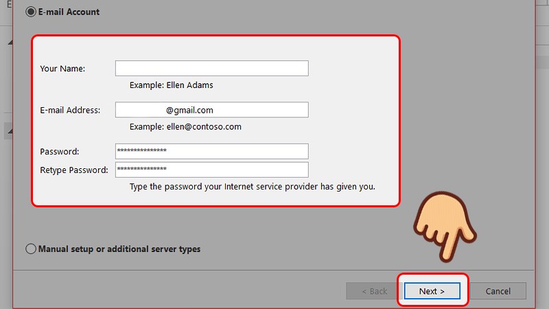 Nhập tên, địa chỉ Gmail và mật khẩu đăng nhập tài khoản Gmail của bạn rồi chọn Next