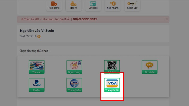 nạp v&iacute; Scoin bằng thẻ quốc tế bước 2