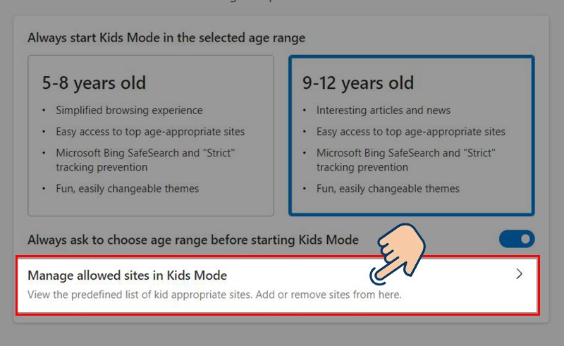 Nhấp v&agrave;o Manage allowed sites in Kids Mode.