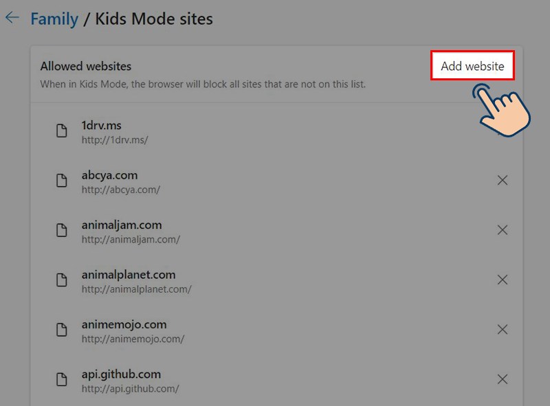 Chọn Add website để th&ecirc;m trang web mới.